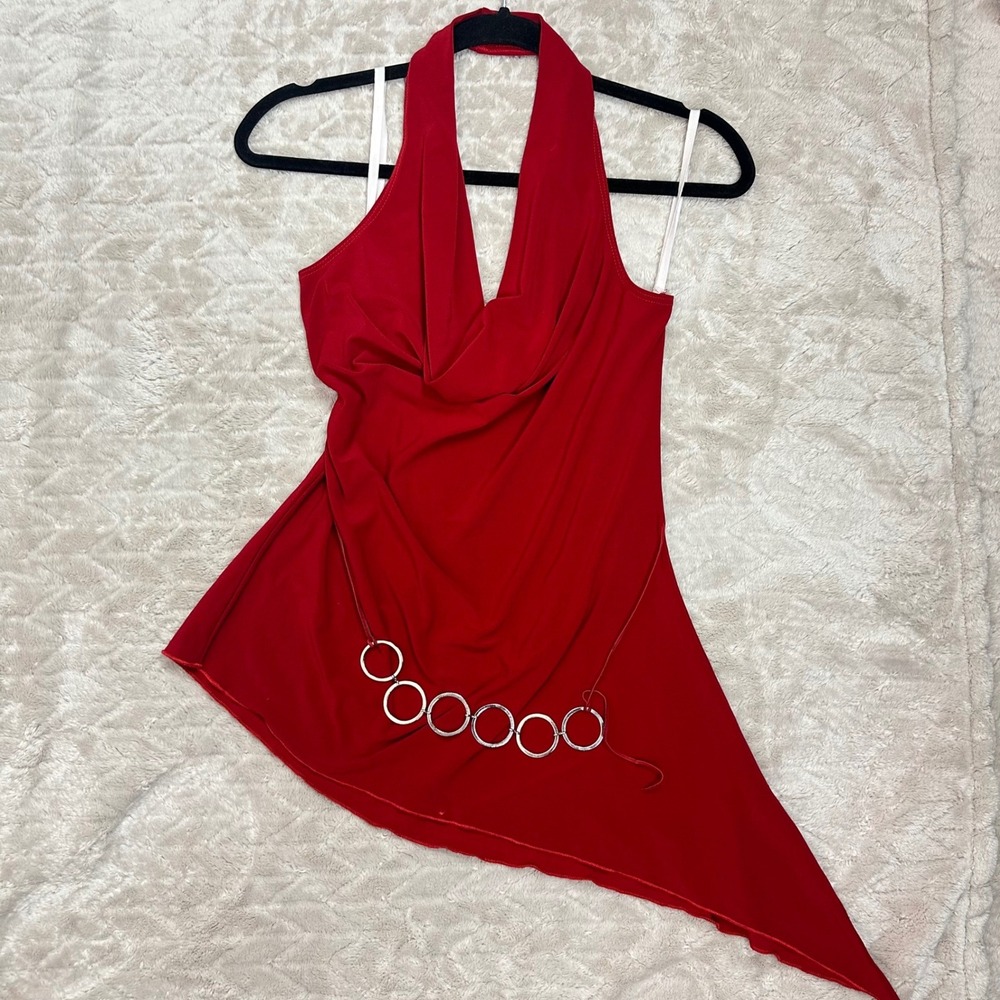 MKM Designs Red Halter Neck Cowl Top Y2K Asymmetrical Ring Detail Party Tank XL